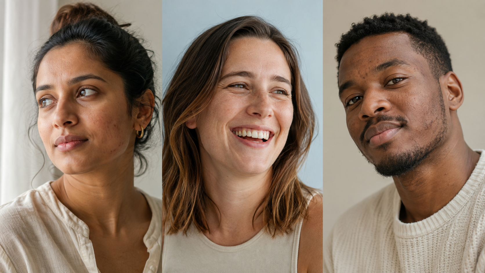Three diverse people photographed with authentic skin texture and confident expressions